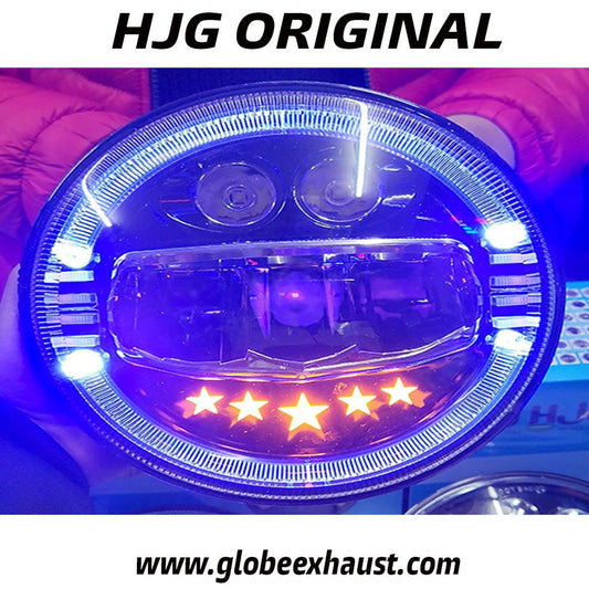 Globe Moto HJG 5 Star Headlight With Blue & White Drl For All Royal Enfield Models